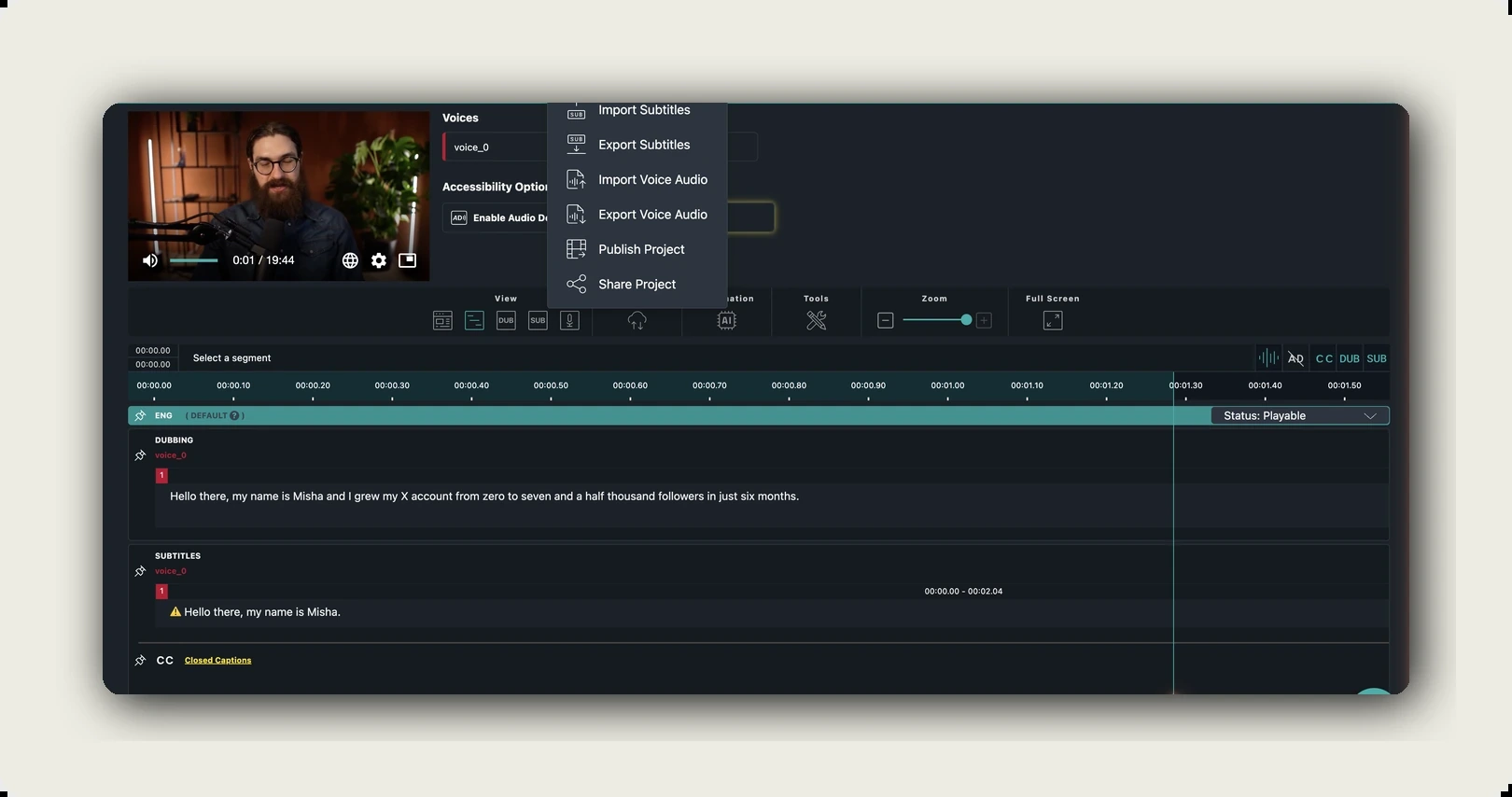 what is dubbing — alugha dubbr workspace with multiple language tracks attached to one video
