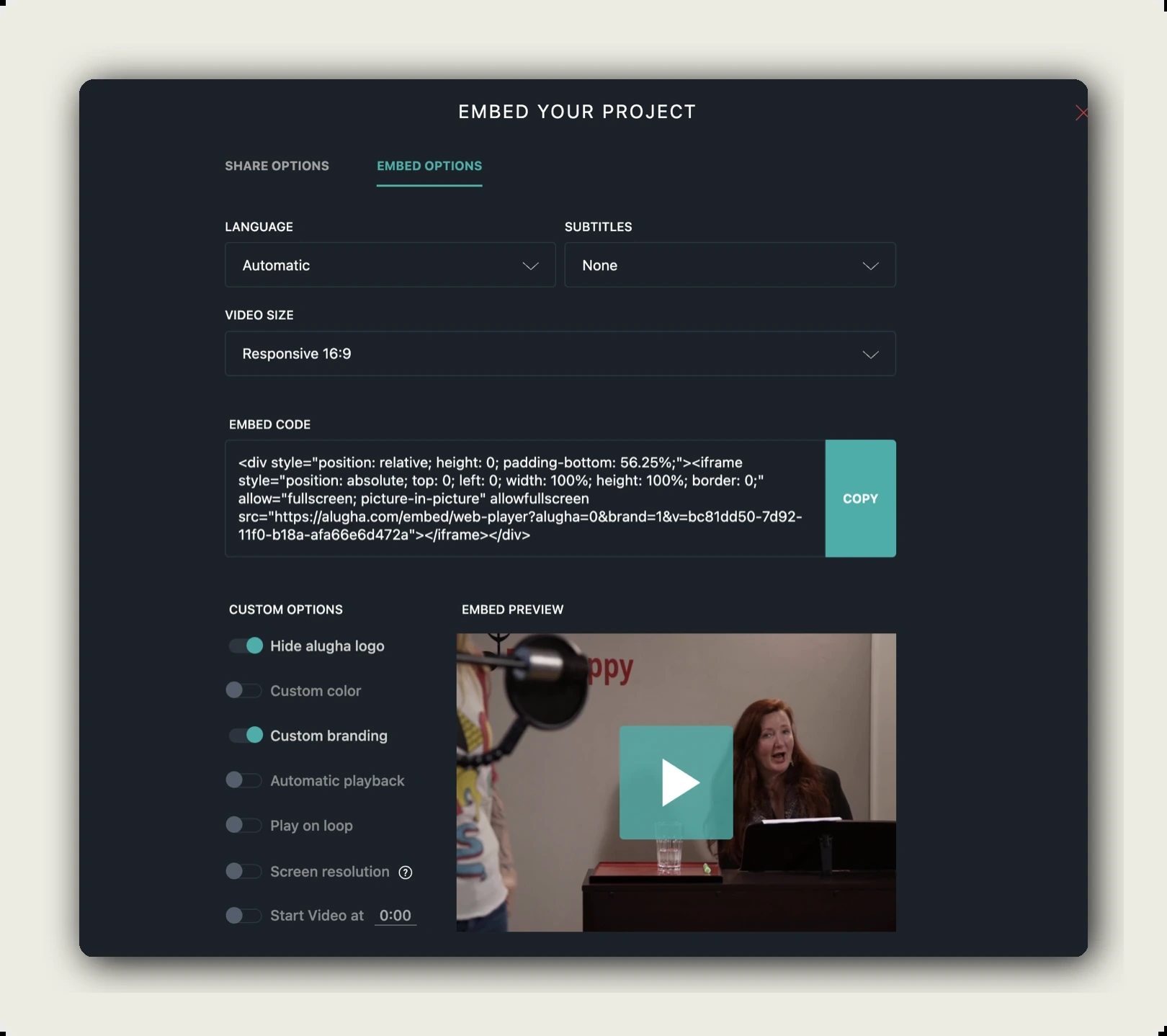 alugha brand profiles — EMBED OPTIONS tab with LANGUAGE, SUBTITLES, VIDEO SIZE, EMBED CODE, CUSTOM OPTIONS, EMBED PREVIEW