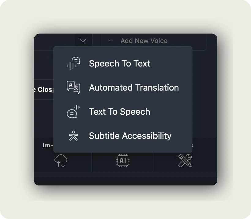 alugha dubbr Automation menu with Speech To Text, Automated Translation, and Text To Speech options to transcribe video