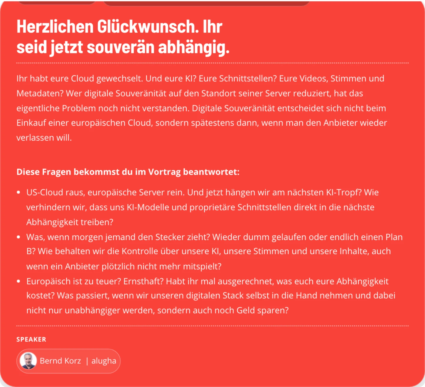 vendor lock-in talk by Bernd Korz at t3n x heise x Digital Bash on 21 October 2026, agenda slot with the talk title and its three questions