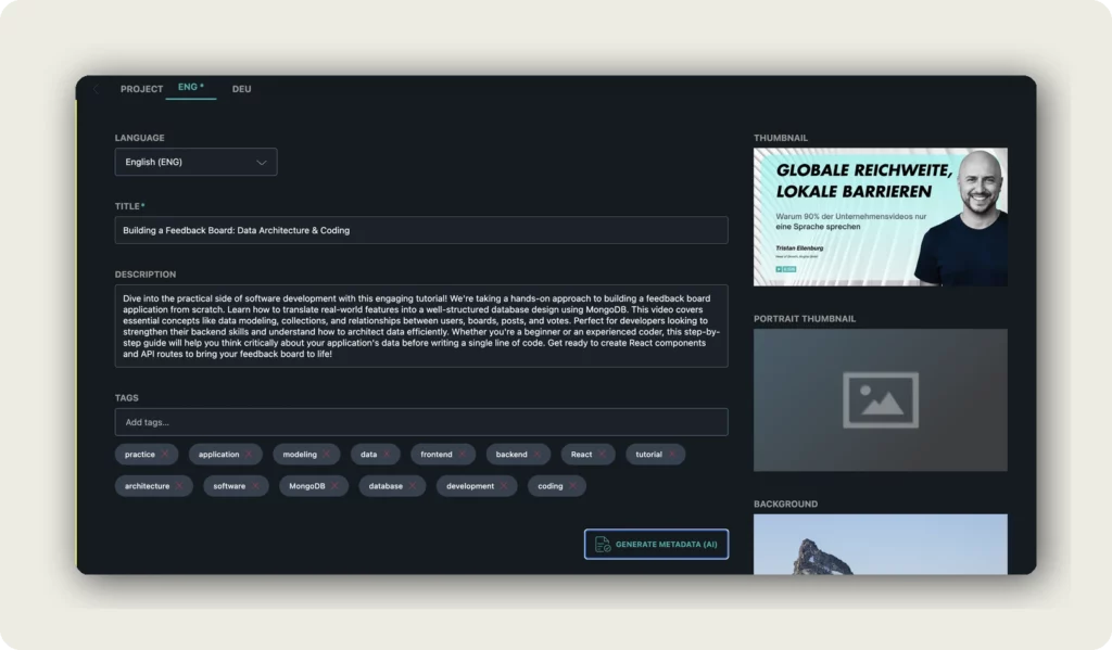 alugha dubbr language tab with TITLE, DESCRIPTION, and TAGS fields to edit language metadata