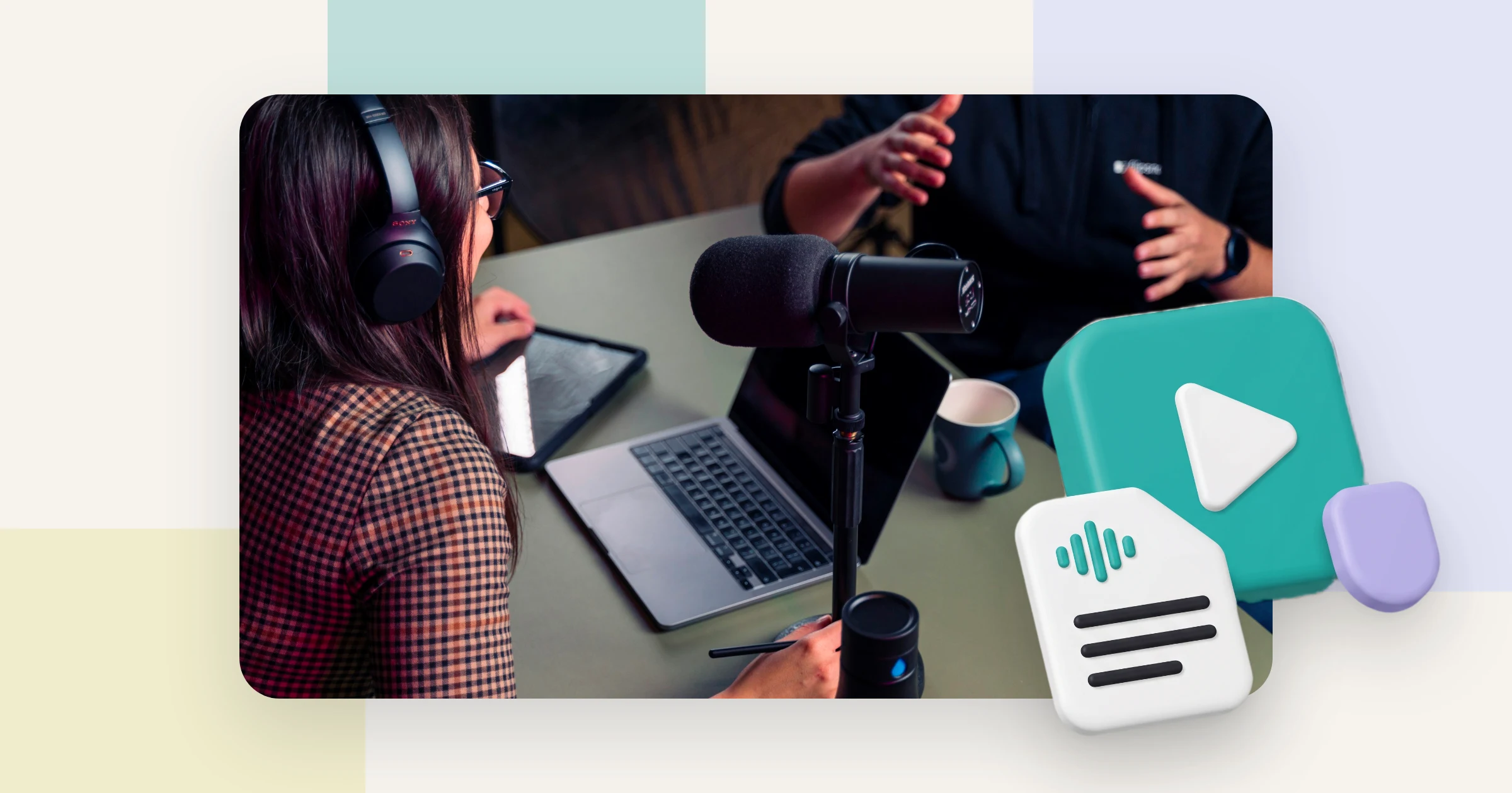 Two people record a conversation at a table with a microphone and a laptop, audio that will be transcribed to text