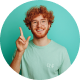 Smiling person gesturing the number one