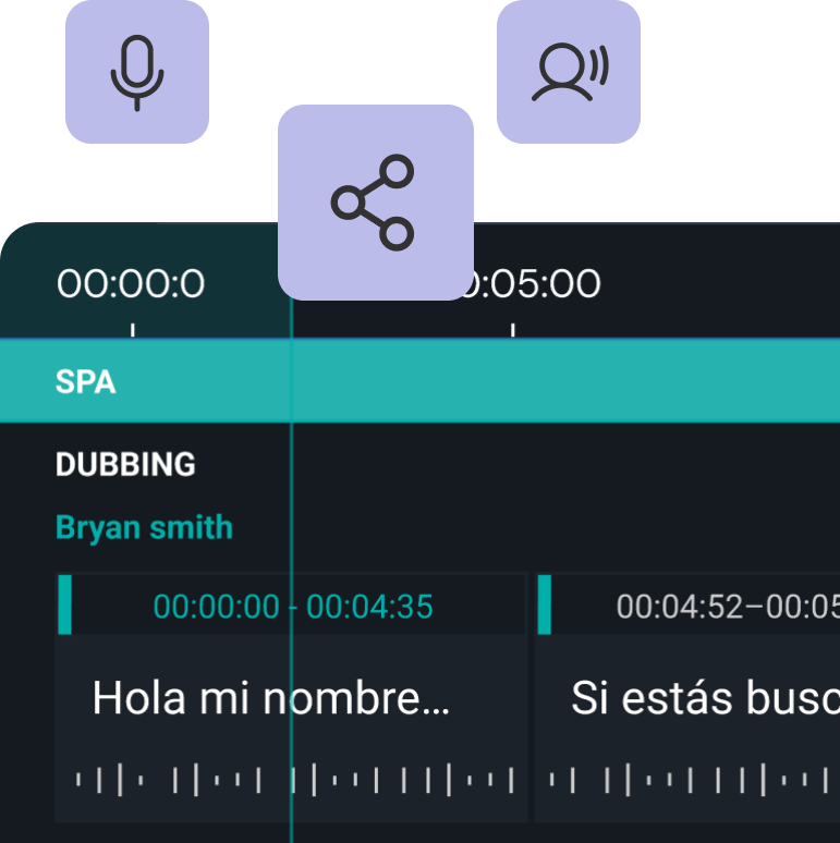 Subtitle dubbing interface with timeline and icons.