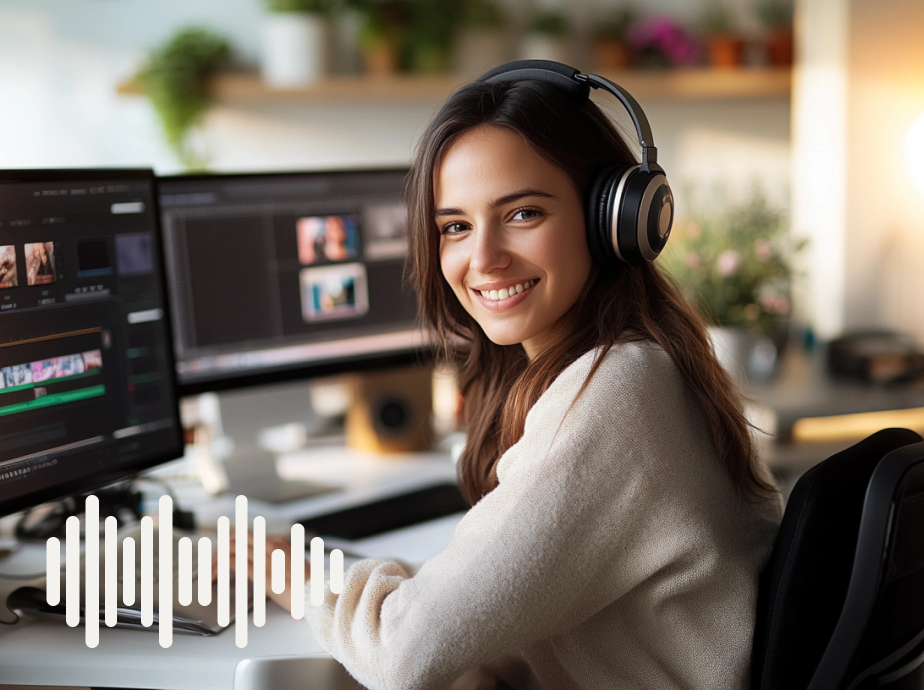Woman editing audio on computer with headphones.
