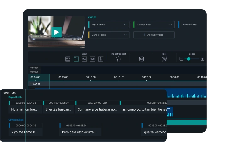 Screenshot of the alugha video localization editor, showcasing its timeline-based interface for managing multiple voice-over tracks and editing Spanish subtitles.