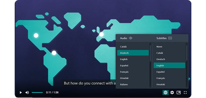 Screenshot of the Alugha video player showing its multilingual capabilities. A menu is open, allowing the user to select German audio and English subtitles simultaneously.