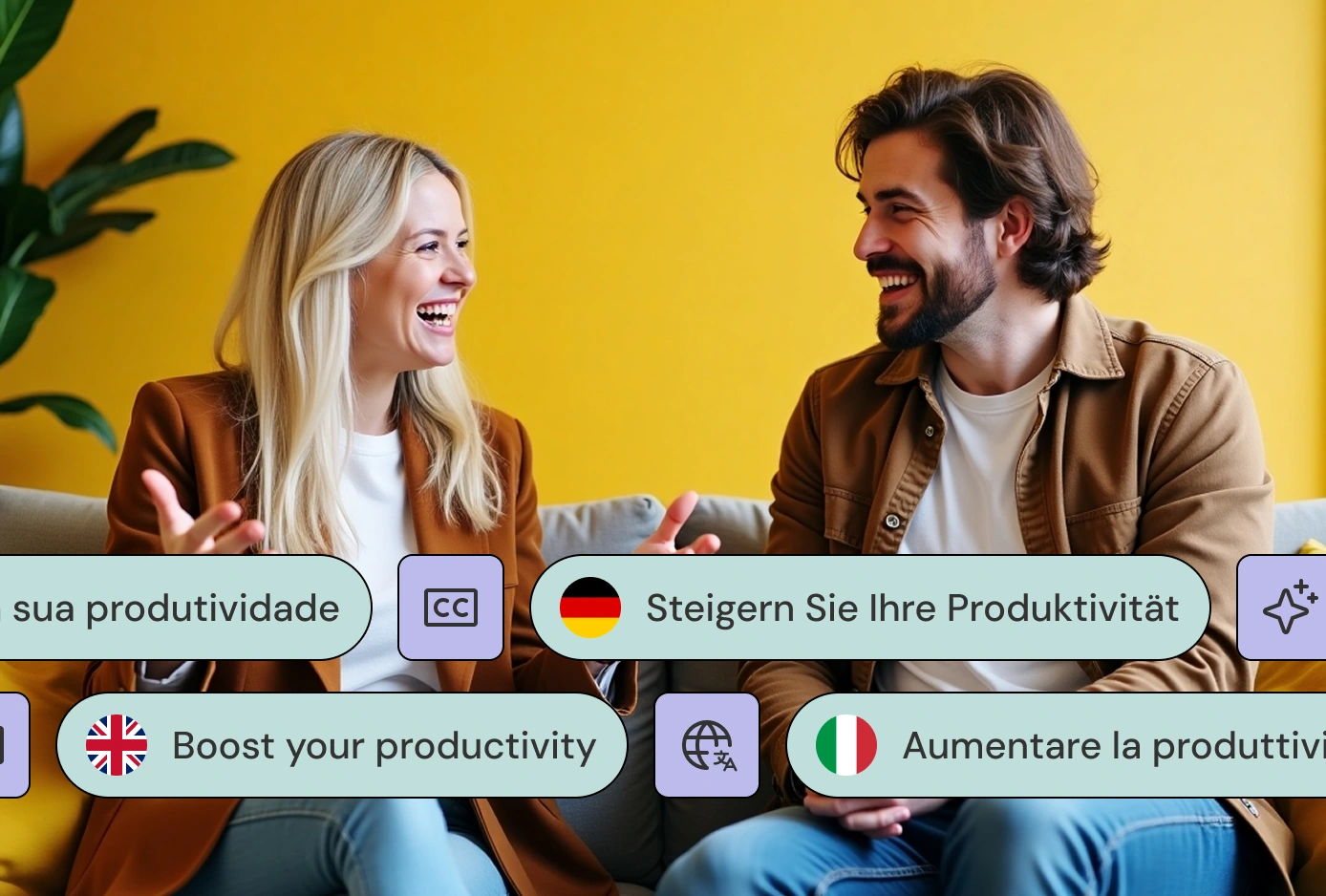 A man and a woman are laughing together. Graphic overlays show the phrase "Boost your productivity" translated into English, German, and Italian, with icons for subtitles and AI translation.