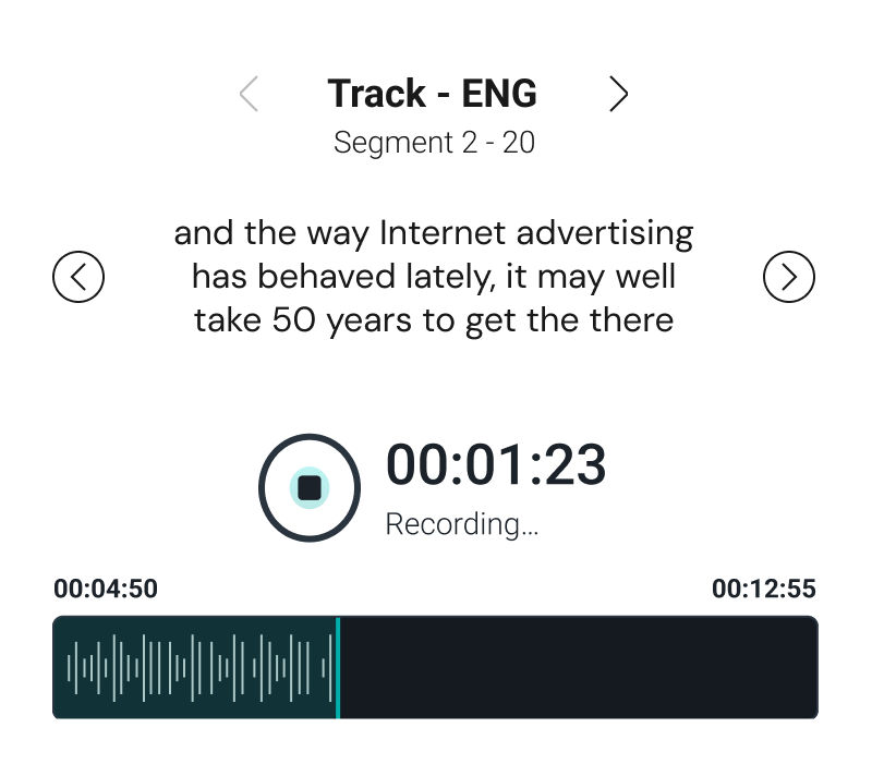 Screenshot of the alugha voice-over recording interface. It shows the script for an English track segment, a timer indicating "Recording...", and an audio waveform.