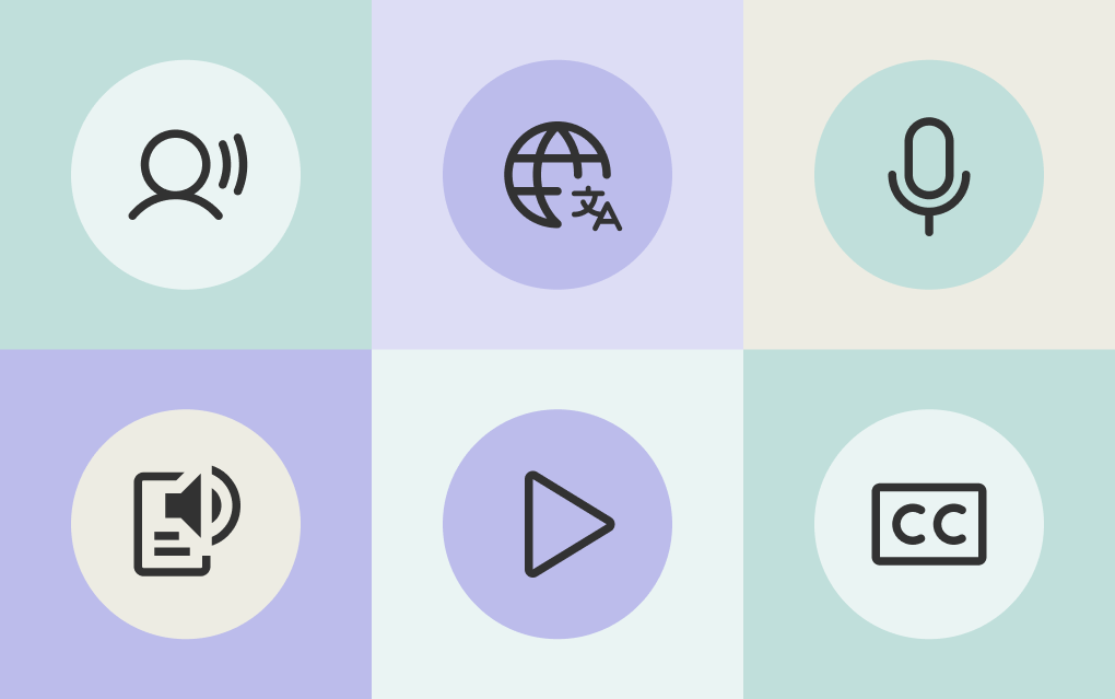 A grid of six icons representing alugha's video localization services: voice-over, translation, dubbing, transcription, video, and closed captions (subtitling).