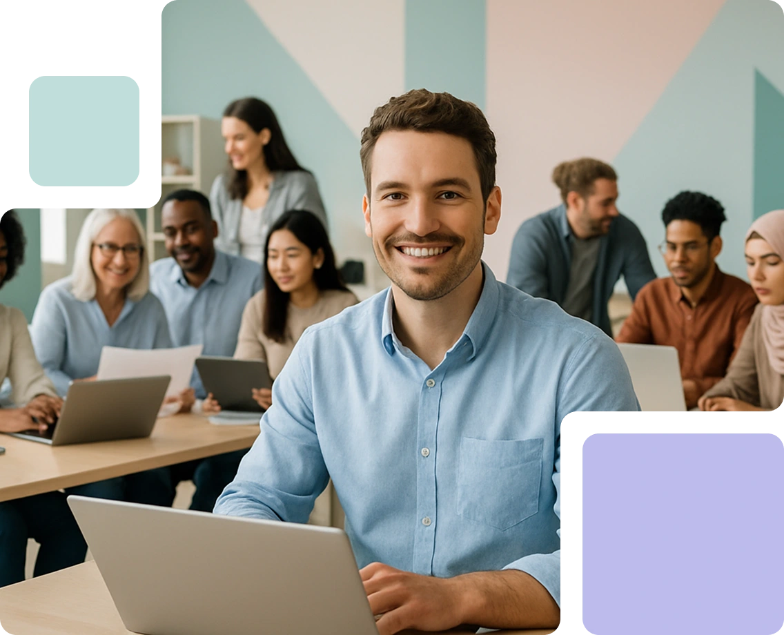 Hero image for alugha's full-service video localization, showing a diverse team in a workshop. A man in front smiles at the camera, with the text "Multilingual Video Services" to the left.