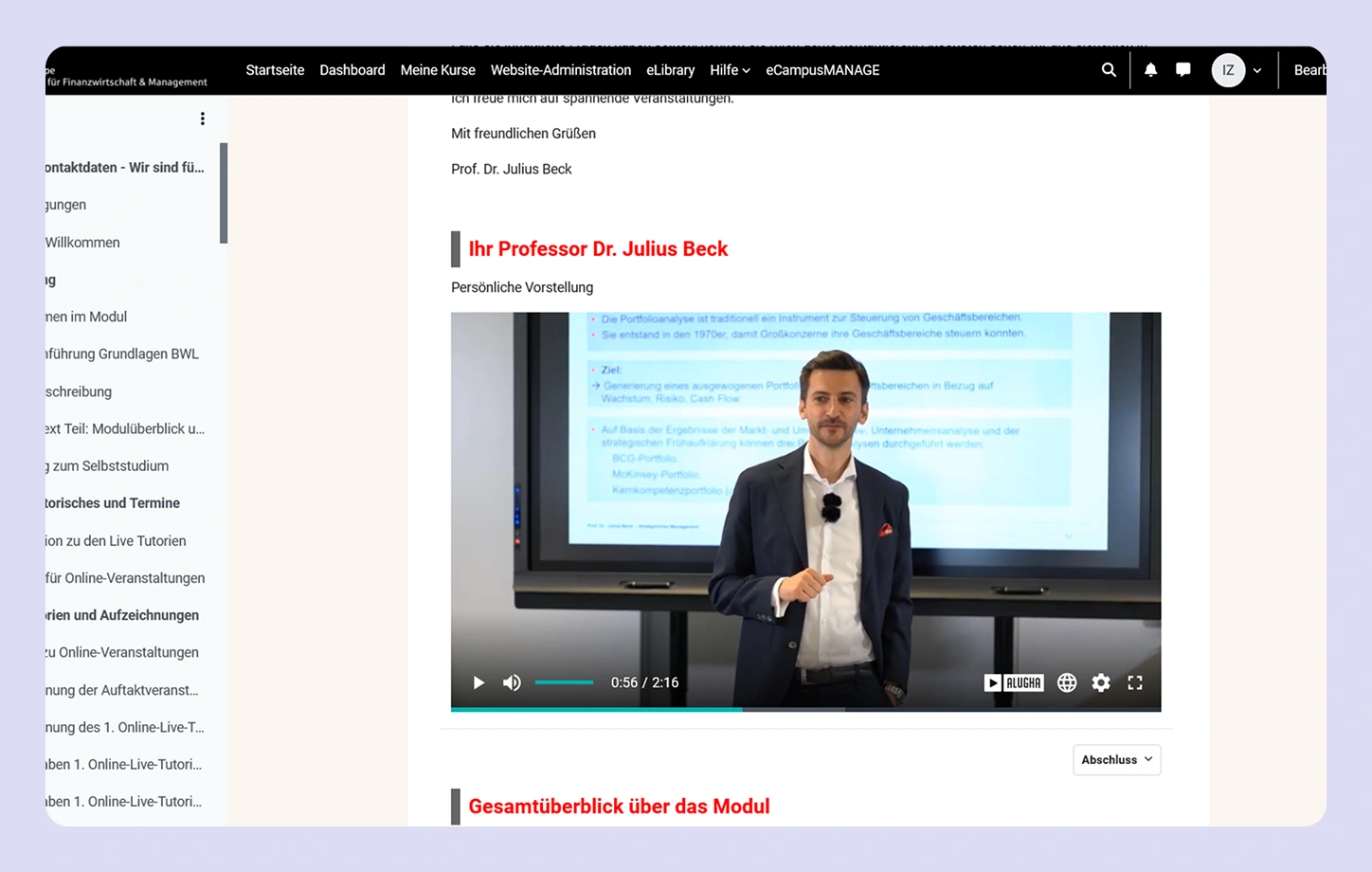 Screenshot of an internal lecturing portal, showing the alugha player embedded inside course material