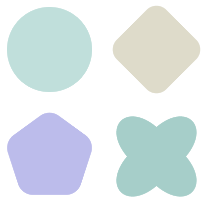 A collection of four abstract geometric shapes in pastel colors, used as branding elements on the alugha website.