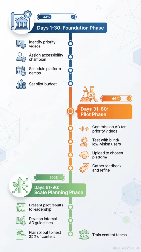 "Timeline infographic titled '90-Day Audio Description Implementation Plan.' Phase 1 (Days 1-30, Foundation): Identify priority videos, assign champion, schedule demos, set budget. Phase 2 (Days 31-60, Pilot): Commission AD, test with blind users, upload to platform, gather feedback. Phase 3 (Days 61-90, Scale Planning): Present results, develop guidelines, plan 25% rollout, train teams