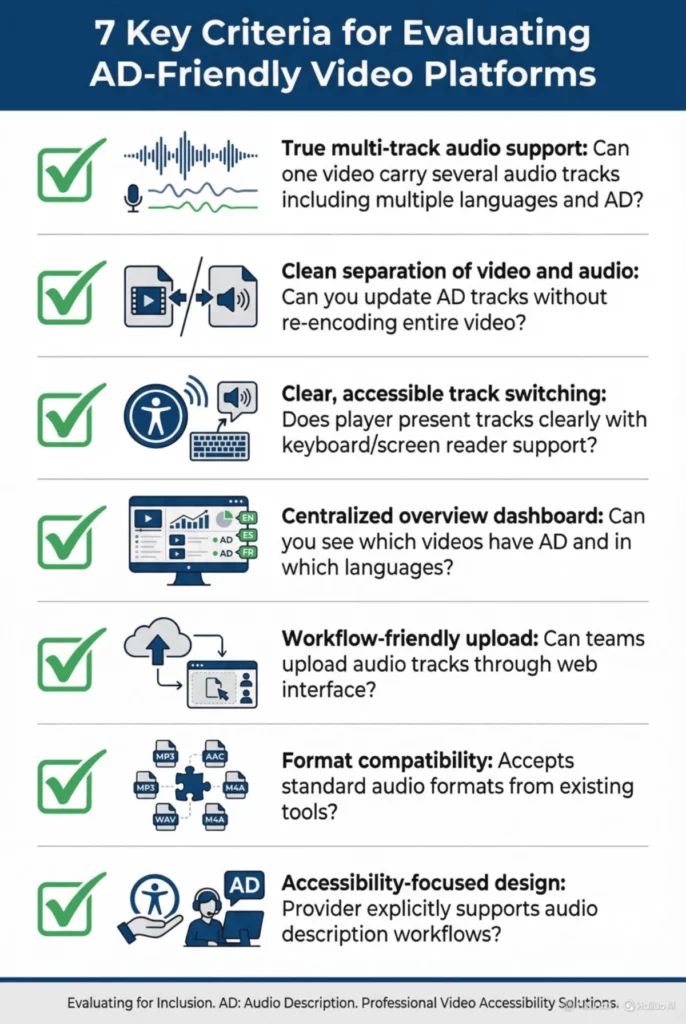 Checklist infographic titled '7 Key Criteria for Evaluating AD-Friendly Video Platforms.' It lists seven essential features including true multi-track audio support, clean separation of video/audio, accessible track switching, centralized dashboards, workflow-friendly uploads, format compatibility, and accessibility-focused design.