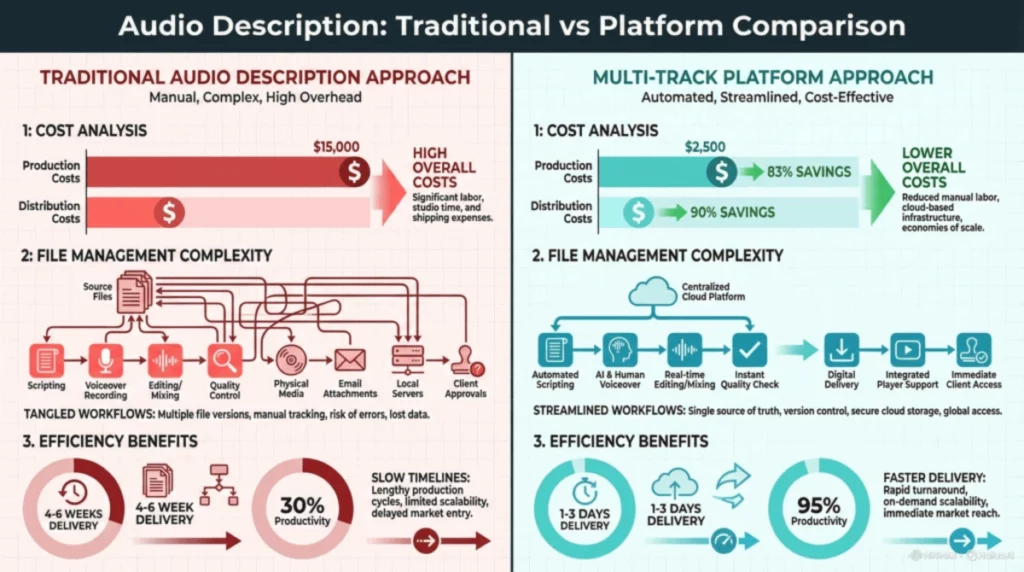 Comparison infographic titled 'Audio Description: Traditional vs Platform Comparison.' Left side (Red): Traditional manual approach showing $15,000 costs, tangled workflows, and 4-6 week delivery. Right side (Teal): Multi-Track Platform approach showing $2,500 costs (83% savings), linear cloud workflows, and 1-3 day delivery.
