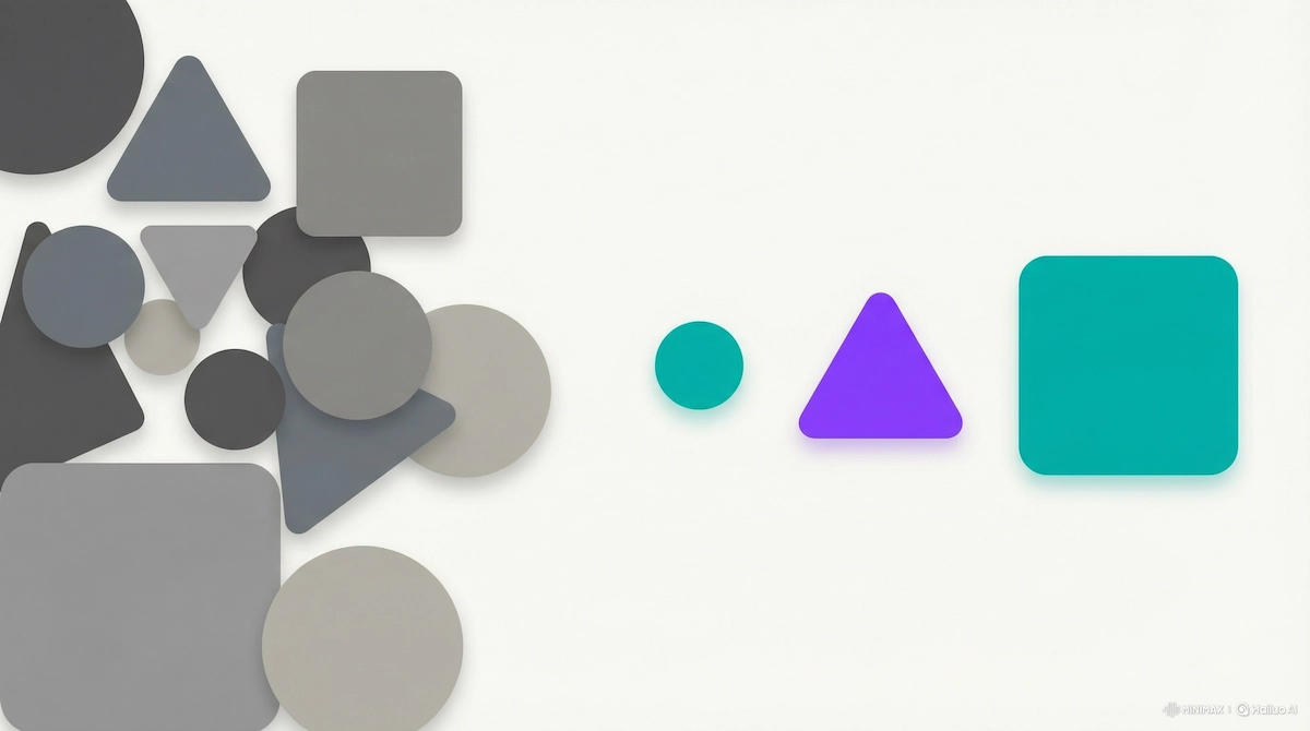 A conceptual illustration showing a cluttered group of gray geometric shapes on the left transitioning into three distinct, brightly colored shapes (teal and purple) on the right, representing alugha’s shift from eight complex pricing plans to three simple, clear tiers.