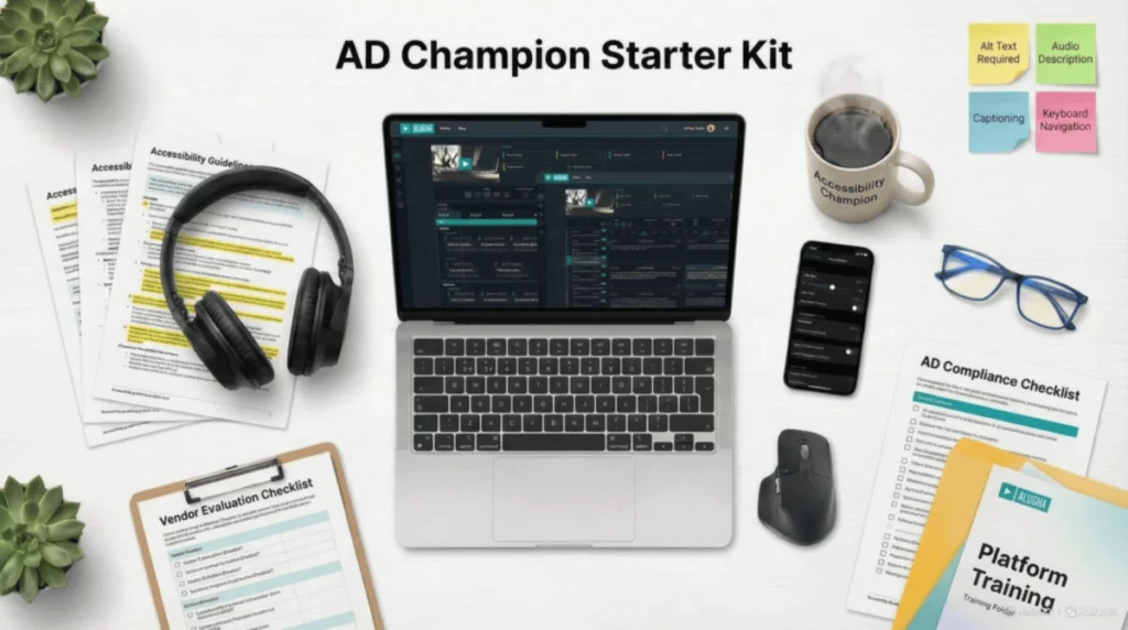 Flat-lay desk setup titled 'AD Champion Starter Kit.' Center: Laptop displaying the alugha interface. Surroundings include documents labeled 'Accessibility Guidelines,' 'Vendor Evaluation Checklist,' and 'AD Compliance Checklist,' alongside headphones, a mug reading 'Accessibility Champion,' and sticky notes listing 'Alt Text Required' and 'Audio Description'.