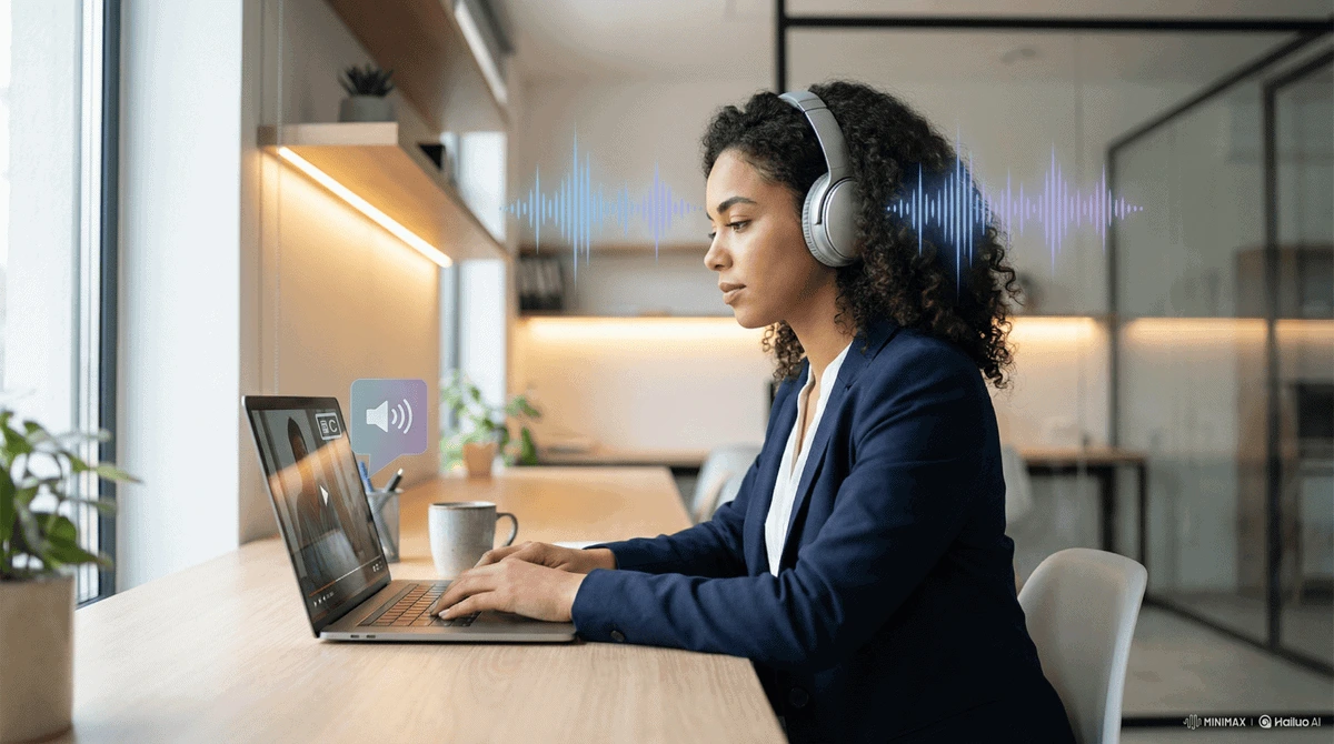 Professional woman wearing headphones reviewing video content on a laptop, illustrated with purple digital soundwaves representing multilingual dubbing and AI voiceover technology.