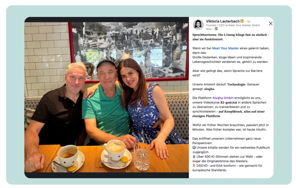 Viktoria Lauterbach LinkedIn post about Meet Your Master partnership with alugha for AI-powered video localization