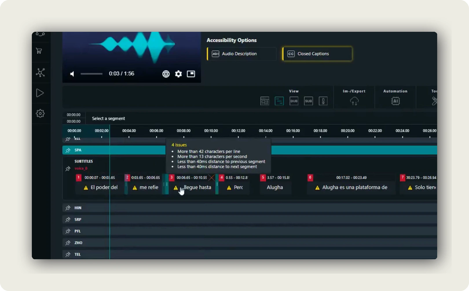 accessible subtitles corporate video. alugha accessibility checker showing Spanish subtitle timeline with 4 compliance issues flagged including characters per line reading speed and gap timing