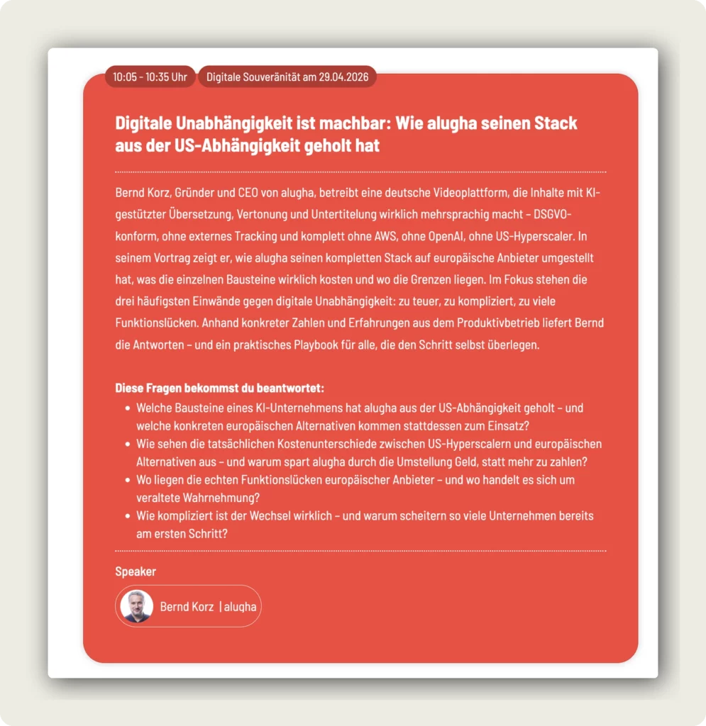digital sovereignty. Digital Bash event page showing Bernd Korz alugha slot 10:05 to 10:35 on April 29 2026 with talk title Digitale Unabhaengigkeit ist machbar and four key questions