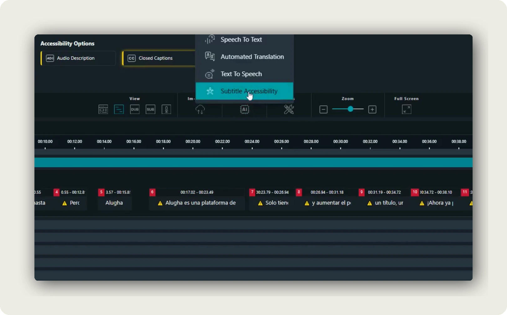 accessible subtitles corporate video. alugha dubbr Automation menu open with Subtitle Accessibility highlighted alongside Speech To Text Automated Translation and Text To Speech