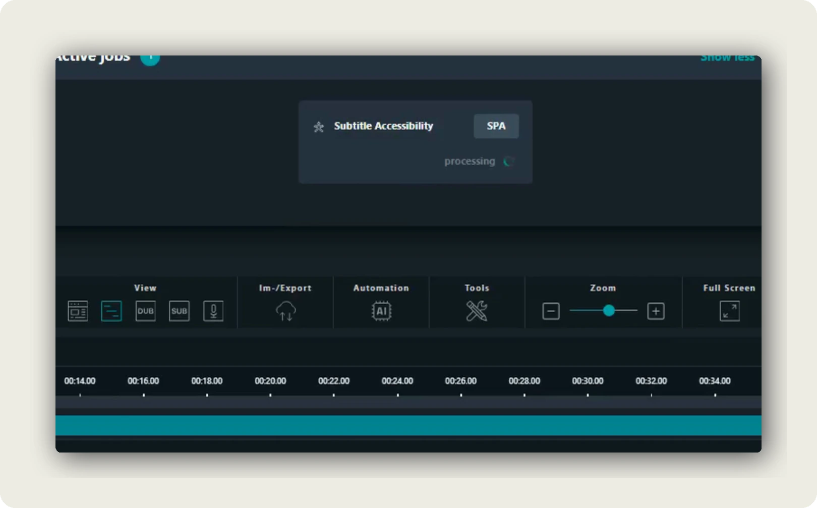 accessible subtitles corporate video. alugha dubbr Active jobs pane showing Subtitle Accessibility SPA processing