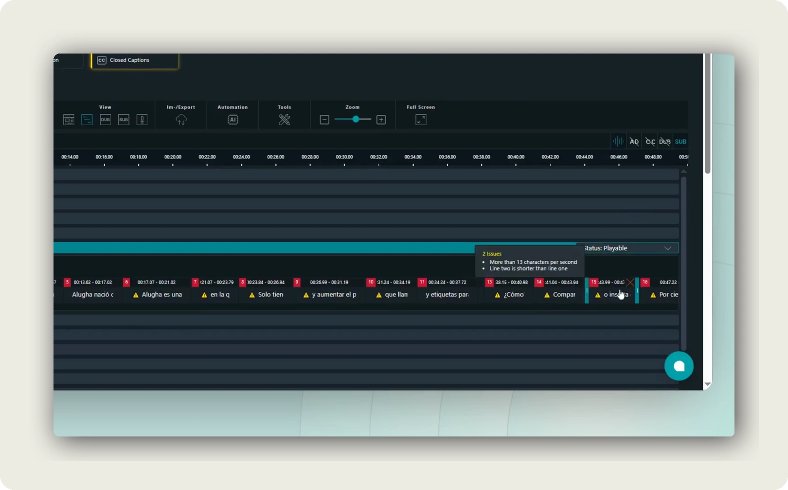 accessible subtitles corporate video. alugha dubbr after state showing Spanish subtitle segment with Status Playable badge and 2 remaining issues