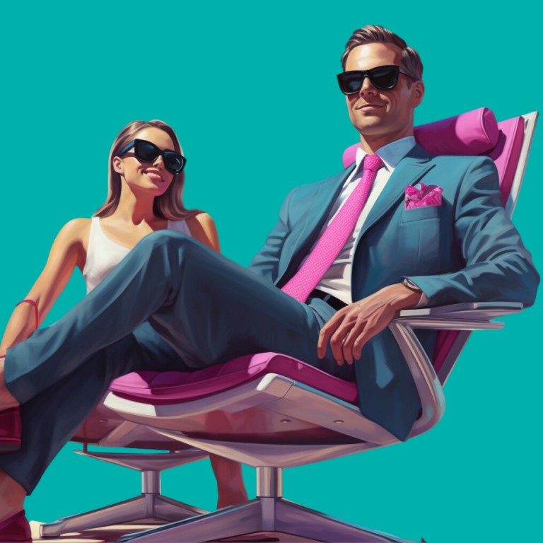 Stylish couple relaxing on modern chairs, vibrant backdrop.